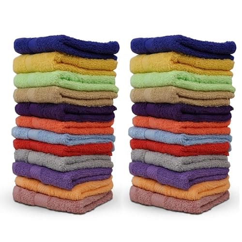 ZUPERIA 100 Cotton Bath Wash Cloths 24 Pack 12 x 12 Highly Absorbent Soft Washcloths for Face Gym Towels Hotel Spa Quality Reusable Multipurpose Dark Light Bright Colors