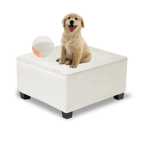 NeColorLife Waterproof Square Ottoman Cover,Thick Stretch Velvet Slipcover for Footstool,Non-Slip Soft Furniture Protector for Pets and Dogs,Beige,Medium