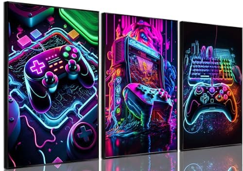 BGFCE Game Room Decor Posters Set of 3 - Neon Gaming Accessories Theme Canvas Wall Art, Gamer Console Paintings Picture Wall Decor for Children Youth Boys Bedroom 12x16 inch Unframed