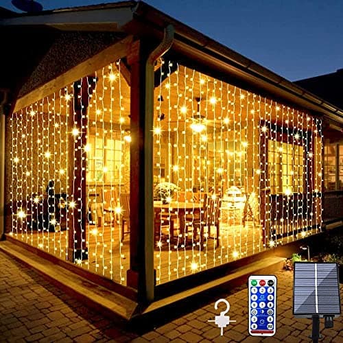 2 Pack Solar Curtain Lights Outdoor Garden Fairy String Lights 300 LED 8 Modes Remote Control Waterproof Solar Waterfall Lights for Gazebo Patio Party Festival Wedding Christmas DecorationsWarm