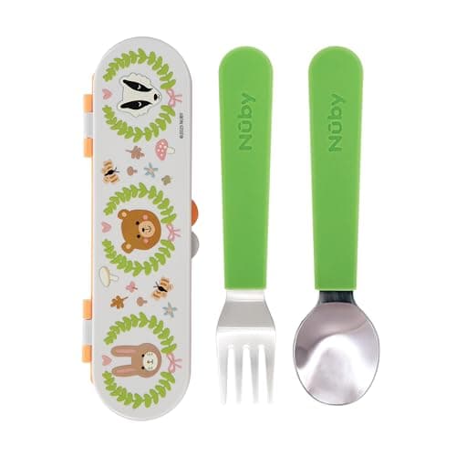 Nuby Stainless Steel Toddler Utensils with Travel Case - Self-Feeding Fork & Spoon Set for Kids - Easy-to-Hold Training Utensils - Rounded Safe Edges for Self-Feeding - Forest Animals