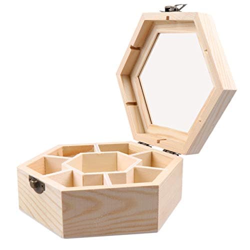 Wood Jewelry Storage Box with Hinged Lid Window DIY Hexagon Jewelry Display Case Desktop Compartment Sundries Organizer Unfinished Holder Box Table Organizer