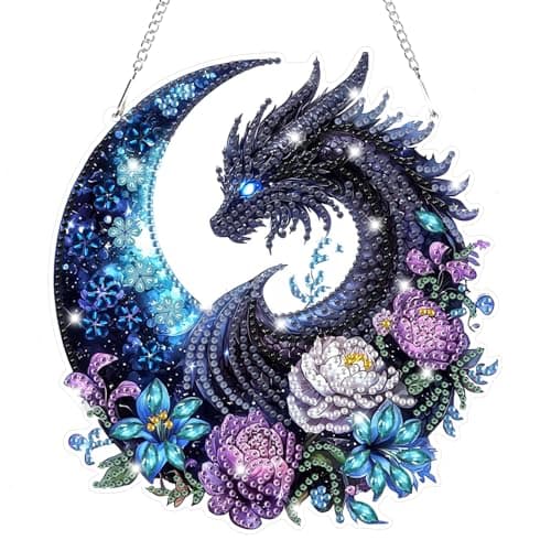 Bowetile Dragon Diamond Art Hanging Kits for Adults 5D Special Shape Diamond Painting Flowers Pendant Kits Gem Art Suncatchers Painting Window Ornament for Home Garden Wall Decor