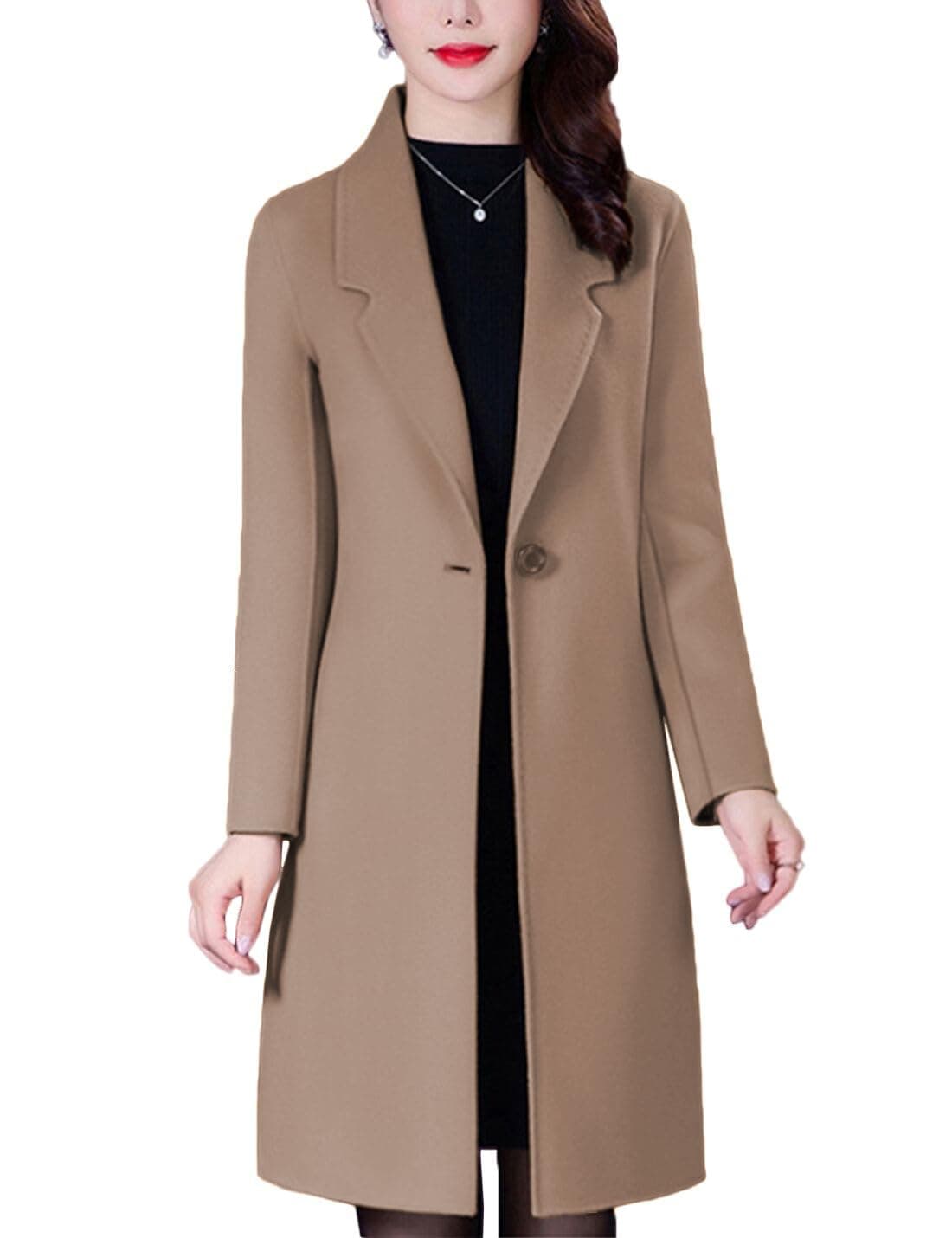 Bankeng Womens Elegant Wool Blend Coat MidLength Slim Fit Notched Lapel Warm Winter CoatsZCamelXL