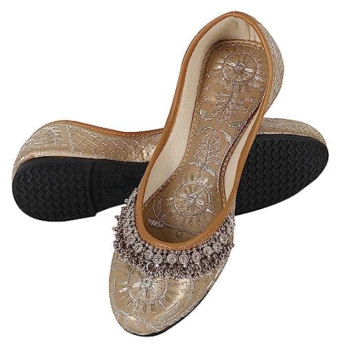 DFR Women’s Rajasthani Embroidered with Payal Punjabi Mojari’s Jutti’s Juti’s Shoe, Gold, UK Size 6