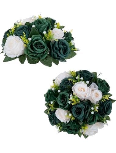 BLOSMON Green Flowers Artificial for Decoration: 2 Pcs Fake Rose Balls Table Centerpiece for St Patricks Day Home Decor - Faux Silk Kissing Bouquet Floral Arrangement for Wedding Party Event Decor