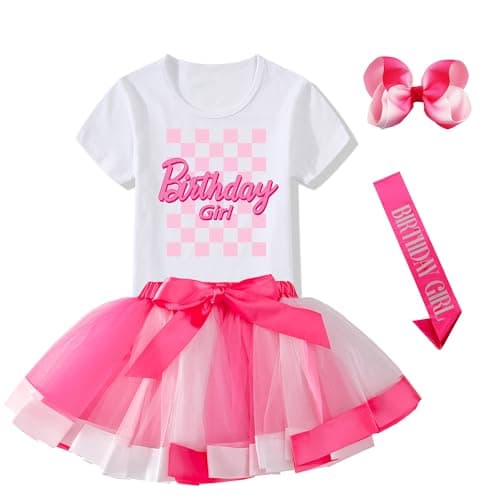 K-Acc Birthday Girl Outfit - Birthday Girl Sash, T-Shirt, Tutu Skirt and Hair Bow - Gifts for Girls Birthday Party (4-5 Years, White 1)