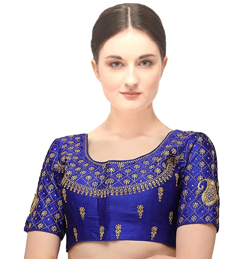 Pujia Mills Women's Silk Mango Embroidery Half Sleeve Blouse (keri New Parent_Royal Blue_38)