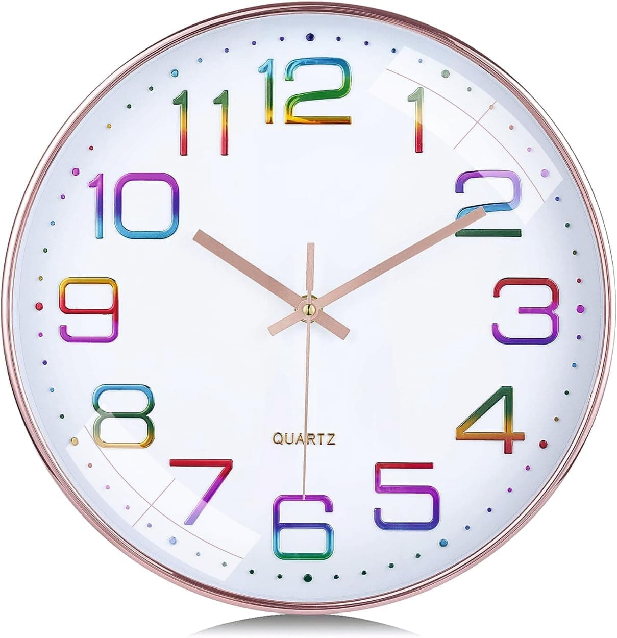 TEKCOOL Plastic Digital Wall Clock 12" Silent Quartz Decorative Latest Non-Ticking Classic Clock Battery Operated Round Easy to Read for Room/Home/Kitchen/Bedroom/Office/School- (Rainbow), White
