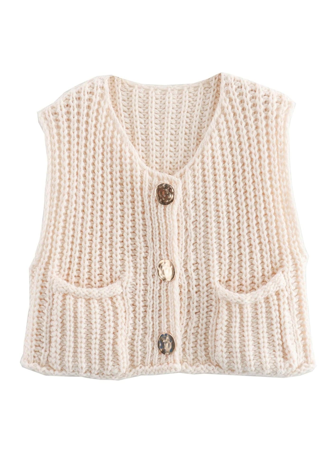Womens Crochet Chunky Knit Top, Women Sleeveless Crop Knit Cardigan Vest, Button Down Crop Tops, Trendy Cardigan Sweater Vest with Pockets, Beige, L