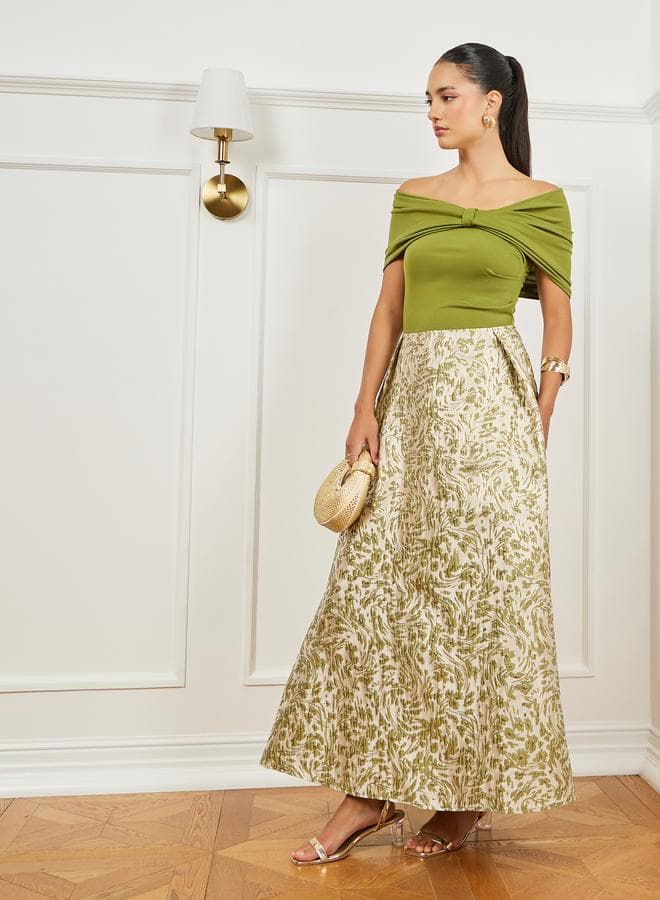 Green Jacquard Off-Shoulder A-Line Maxi Dress