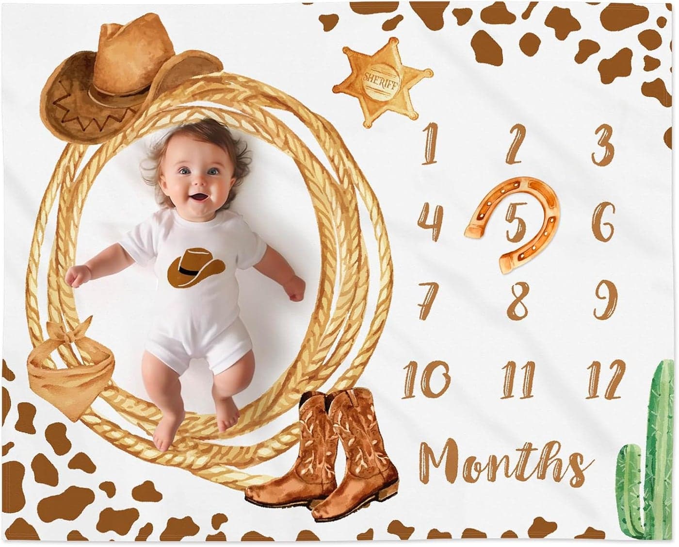 Cowboy Baby Milestone Blanket with Felt Horseshoe Frame Western Theme Cow Print Photo Props My First Rodeo Birthday Party Supplies