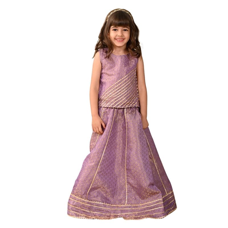 superminis Girl's Chanderi Sleeveless Golden Gota/Lace Work Ethinic Printed Readymade Lehenga And Choli Set, (7-8 Years, Purple)