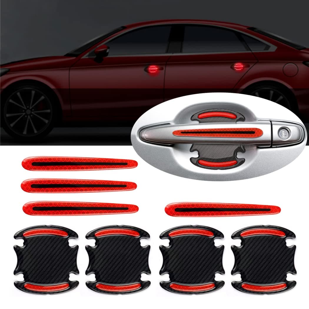 8pcs Universal Carbon Fiber Texture Car Door Handle Scratch Protector Cover Reflective Stickers Red