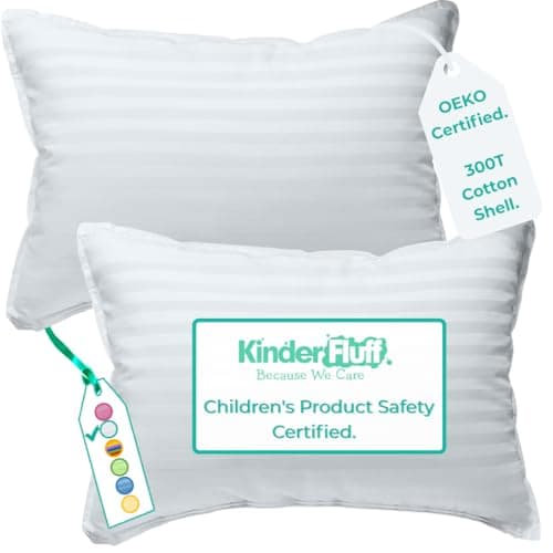 Children Pillows 2xCertified Hypoallergenic Award Winning Baby Pillow no pillowcase needed 300TC pure Cotton Shell and Down Alternative fill Toddler Bedding by Kinder FluffKids pillow 7 year old