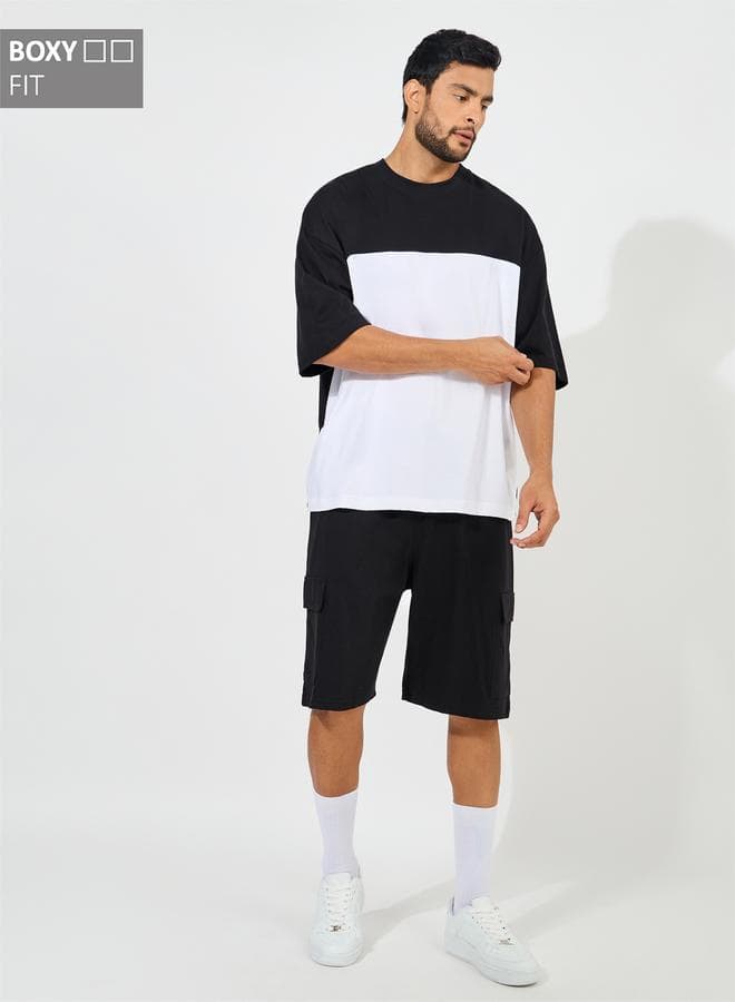 Styli Color Block Heavy Cotton Jersey T-Shirt and Cargo Shorts Co-Ords