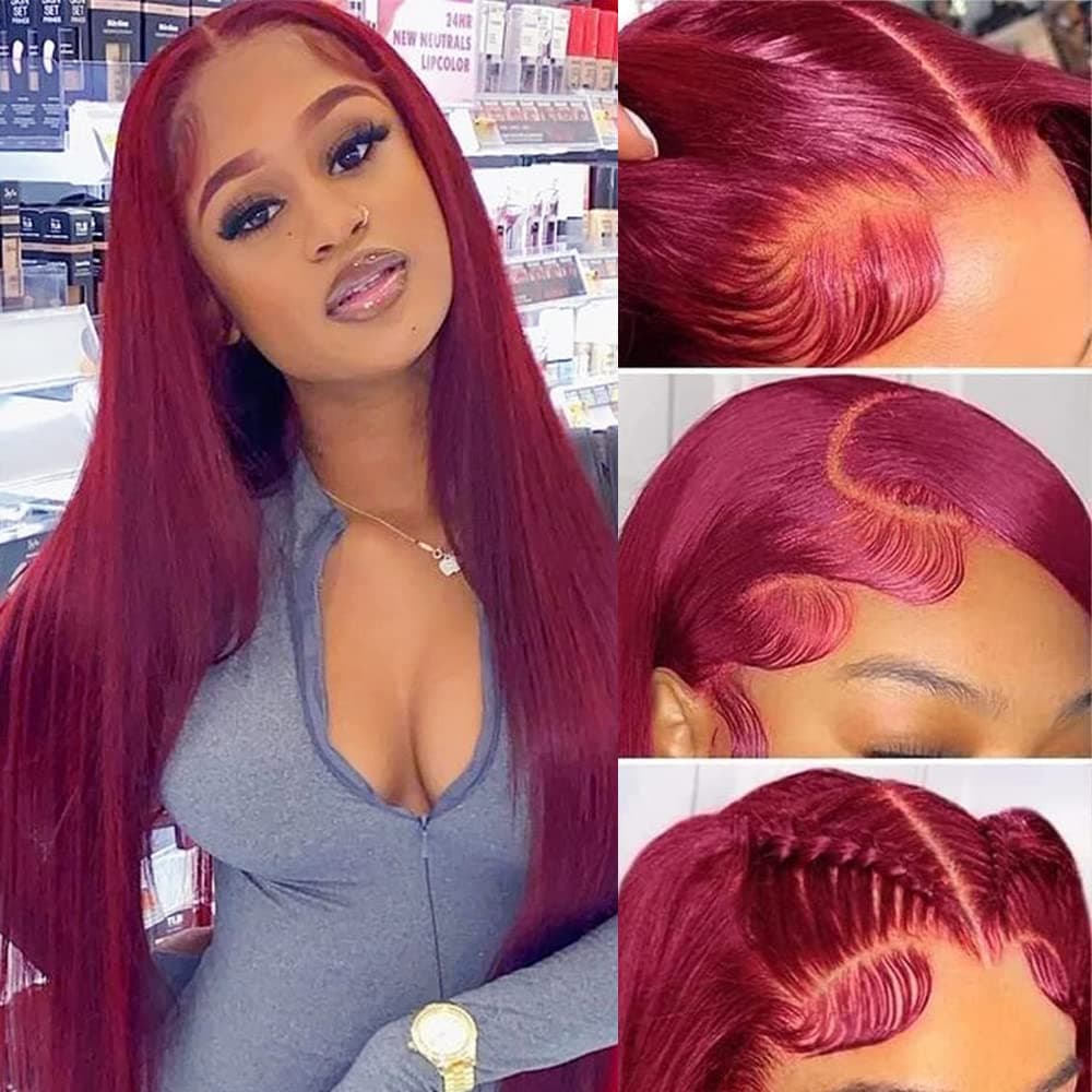 CHEETAHBEAUTY 99j Burgundy Lace Front Wigs Human Hair 28Inch 13x6 Burgundy Wig Human Hair 220 Density Brazilian Virgin Straight Human Hair Wigs for Women Pre Plucked with Baby Hair