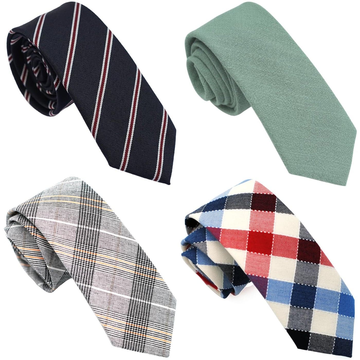 ZENXUS Cotton Skinny Ties for Men 25 inch Slim Casual Neckties Plaid Stripe Floral and Solid Ties Assorted 4Pack
