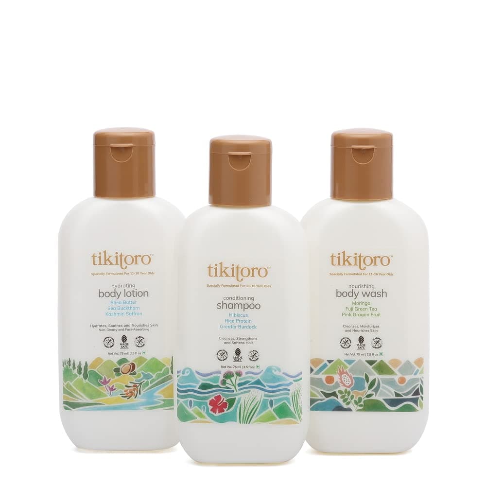 Tikitoro Teens Bath Body Combo 100 Vegan with Nourishing Body Wash Conditioning Shampoo Hydrating Body Lotion No Parabens Sulphates Gift Combo Pack Age 11 75ml x 3