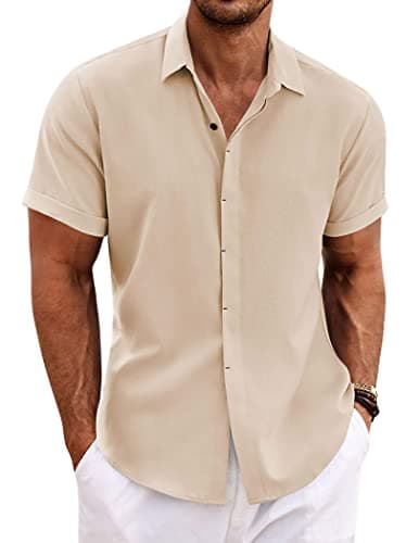 COOFANDY Men's Casual Linen Shirts Button Down Shirt Short Sleeve Cotton Linen Shirts for Men Summer Beach Yoga T Shirts Light Khaki