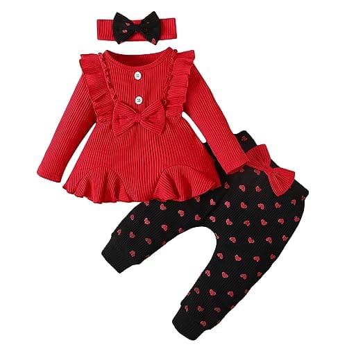Hopscotch Baby Girls Polyester and Spandex Heart Printed Top and Pant Set with Head Band in Red Color For Ages 6-9 Months (BNF-4359868)