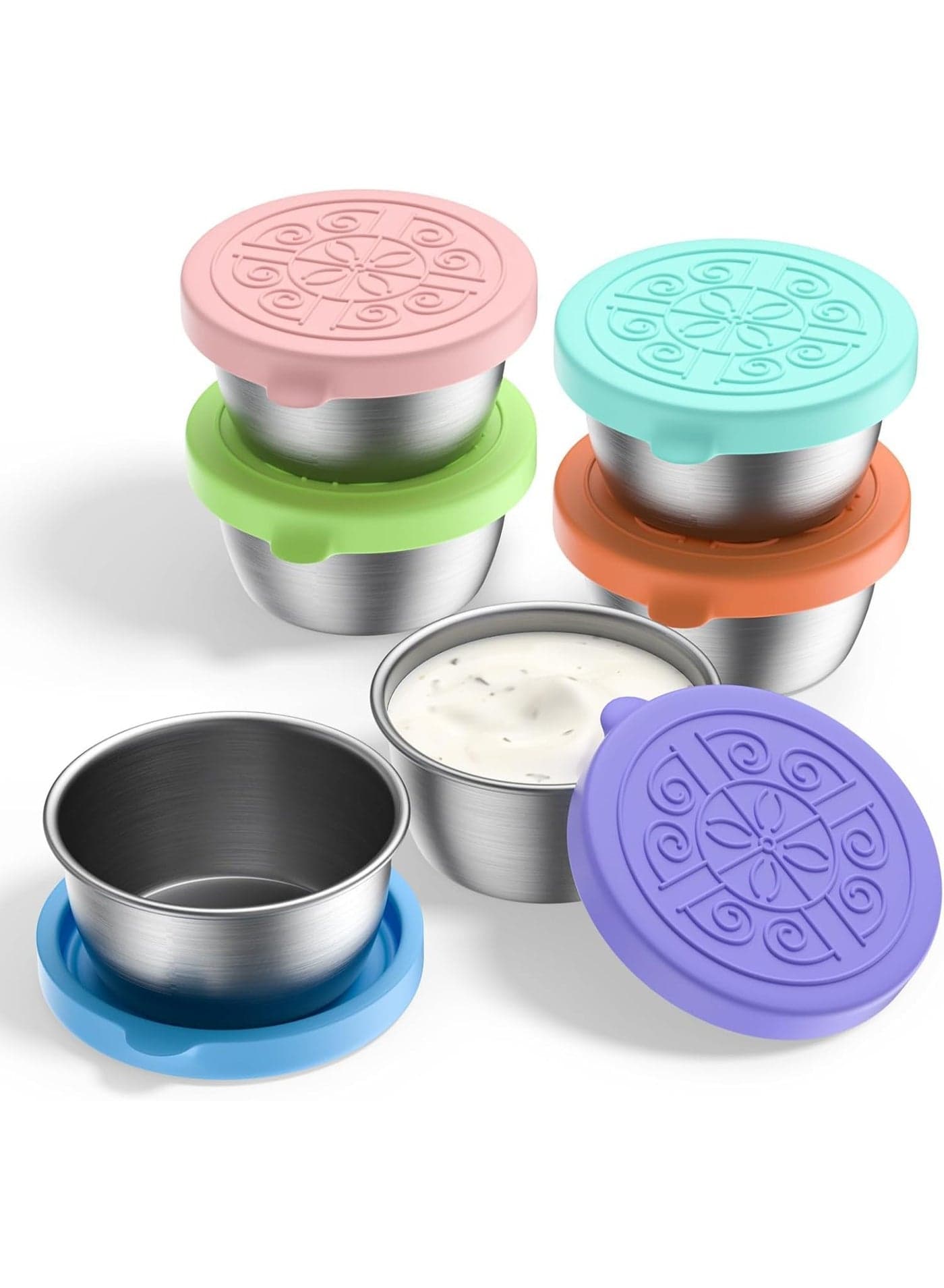 6 Pack Salad Dressing Container To Go, 1.7oz/50ml Reusable Small Condiment Containers with Lids, Leakproof Silicone Lids Stainless Steel Sauce Cups Containers for Lunch Box, Picnic and Travel