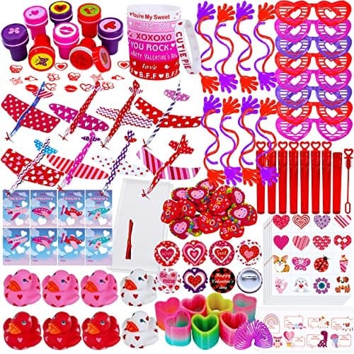 Winlyn 112 Pcs Valentines Day Stationery Toy Assortment Set Valentine Goodie Bags Stuffers Valentine Rewards Prizes Bulk for Kids Students Valentine Party Favors Treats School Classroom Gift Exchange