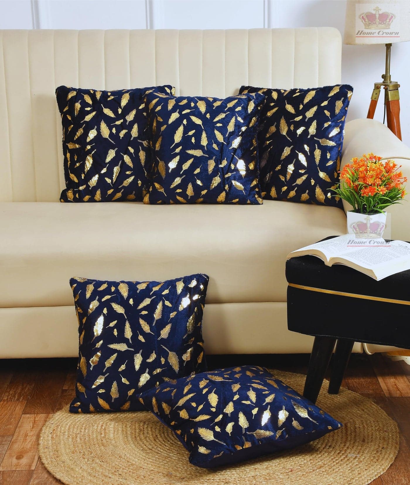 HOMECROWN 16x16 Inch Velvet Cushion Covers Set of 5 Pcs, Soft Decorative Faux Fur Throw Pillow Covers with Golden Feather Print for Sofa, Couch, Bed, Living Room - Blue-250 TC