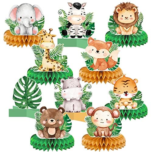 10 PCS Baby Jungle Animals Honeycomb Centerpieces 3D Table Decorations for Safari Baby Shower Decoration for Boy Safari Jungle Birthday Party Decorations for Kids Baby Shower Decorations