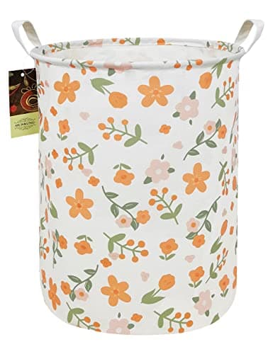 HUNRUNG Collapsible Fabric Storage Basket Waterproof Laundry Hamper with Handles Round Storage Bin for Clothes Foldable Organizer for Bedroom Nursery BathroomOrange Flower
