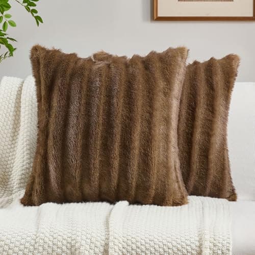 FUTEI Pack of 2 Faux Mink Fur Throw Pillow Covers 18x18 Inch Soft Fluffy Dyeing Striped Textured Farmhouse Decorative Cushion Case Modern Home Decor for Couch Bed Living Room, Brown