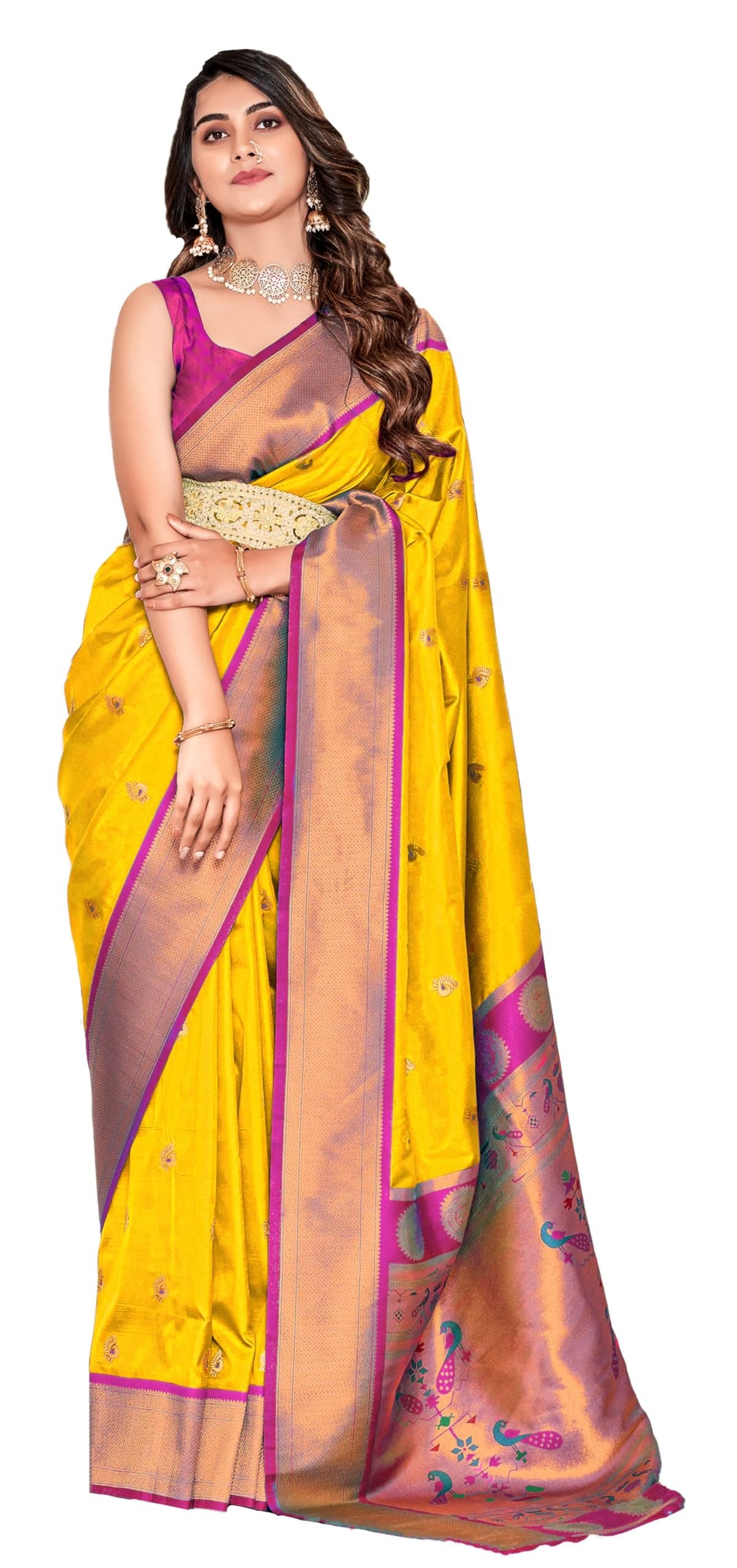 Pujia Mills Women's Banarasi golden zari woven saree for wedding south indian ethnic wear saree peshwai woven zari pure paithani silk saree for bridal with blouse Soft wedding Saree with blouse piece