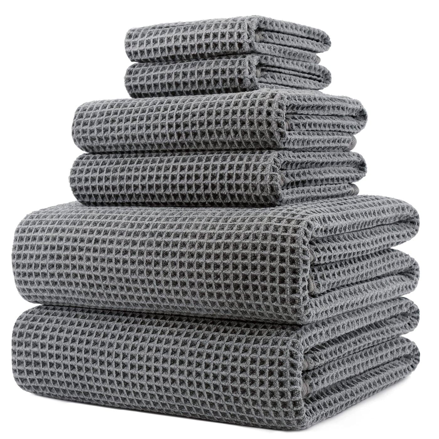 POLYTE Oversize 60 x 30 in Quick Dry Lint Free Microfiber Bath Towel Set 6 Piece Gray Waffle Weave
