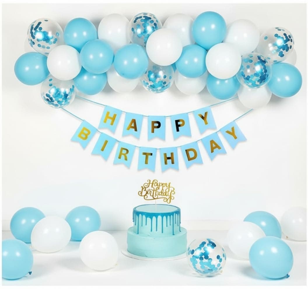Party Propz Blue Birthday Decoration Kit - 27 Pcs,Happy Birthday Banner, Star Cake Topper,Birthdays Decoration Items for Kids, Blue & White Balloons with Confetti Balloons (Latex,Cardstock)