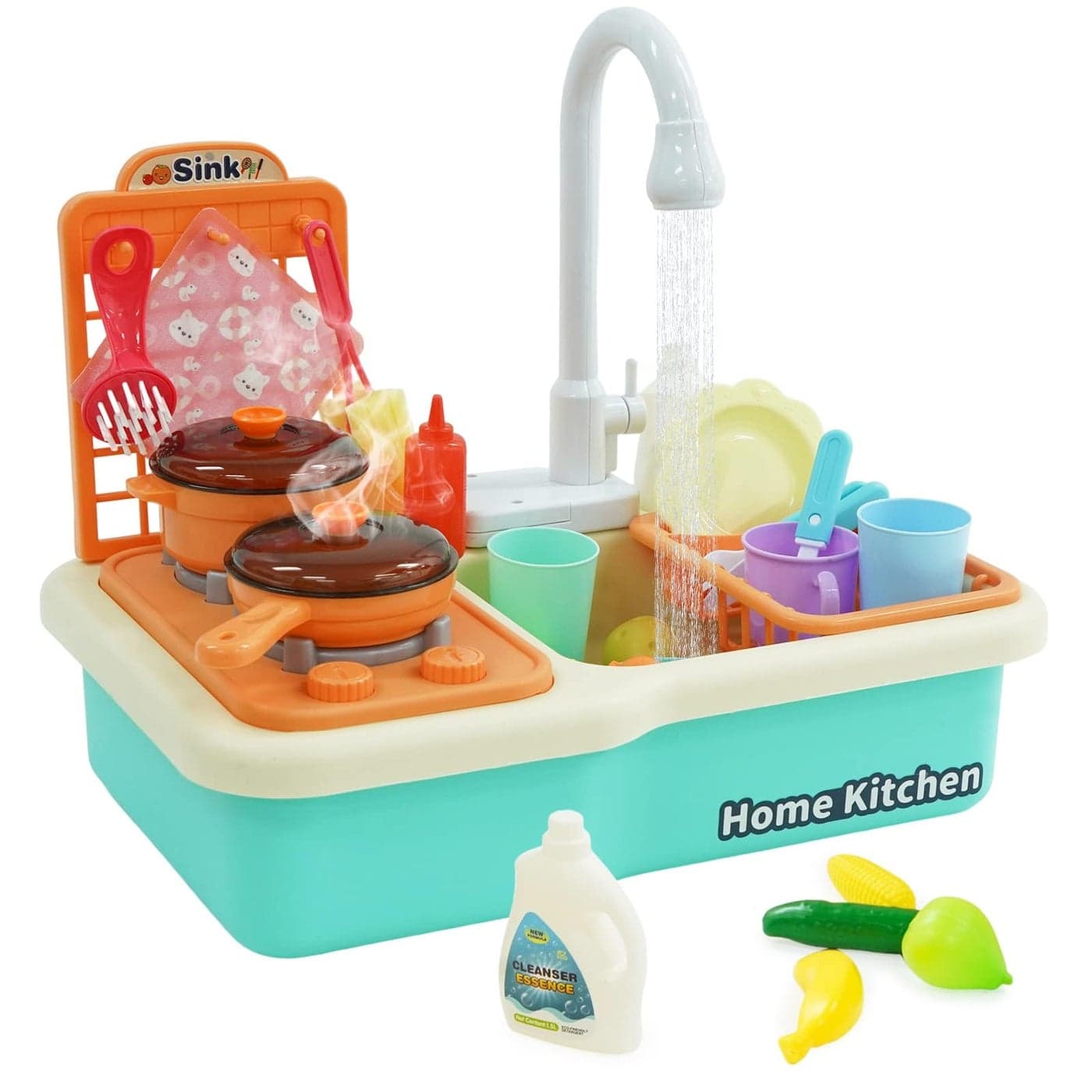 Pretend Kitchen Sink Play Set with Dishwasher, Cutting Toys, Kitchenware and Running Water Cycle System, Kids Role Play Kitchen Toy with Accessories for Boys and Girls Ages 3 and Up (Green)