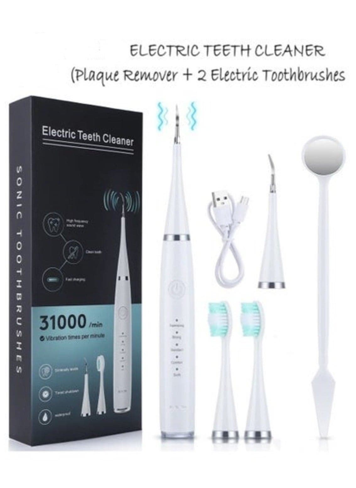 Rechargeable Dental Scalar Kit - 2 Electric Toothbrush 1 Plaque Remover - Teeth Cleaning, Calculus Removal, Teeth Whitening Kit, Electric Teeth Cleaner, Oral Hygiene Set, Dental Instruments (White)
