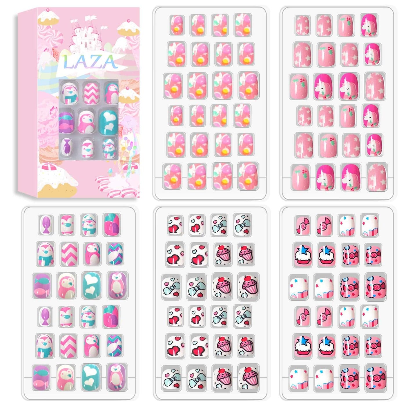 Laza 120pcs Children Nails Girls Press On Artificial Nail Tips Preglue Full Cover Short Cute False Nail Kits Lovely Christmas Gift for Children Kids Little Girl Nail Art Decoration Fairy Kingdom