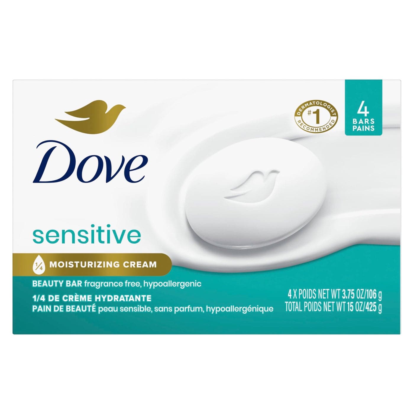Dove Beauty Bar Soap Sensitive, 24 Bars for Sensitive Skin, Fragrance Free and Hypoallergenic 3.75 oz