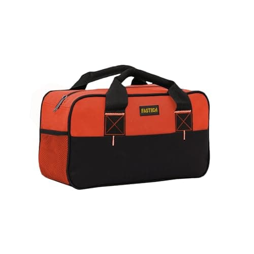 FASTECH 14 Inch Small Tool Tote Bag Wide Mouth Zipper Bag Waterproof Tool Organizer Bag MultiPockets Wide Mouth Tool Tote For ManWoman Orange