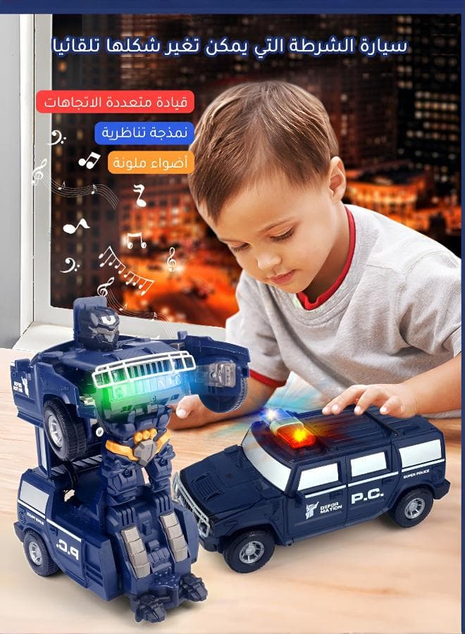 2-in-1 transforming robot car toy, transforming toy car, transforming robot car, police car toy with LED lights, self-transforming car toy, electric Hummer police car with lights and music, dancing robot (blue)