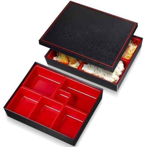 Teenyyou 2 Pcs 12 x 9.5 x 2.2 Inch Japanese Bento Box 6 Compartments Divided Lunch Box with Greaseproof Adult Japanese Bento Lunch Container Sushi Home Restaurant