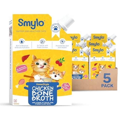 Smylo Summer Cooler, Hydration Rich Chicken Bone Broth for Cats (100ml x 5 Packs) | Rich in Collagen for Bones & Joints Health | Omega 3 & 6 for Shiny Fur & Coat | Cat Food Topper and Cat Supplements