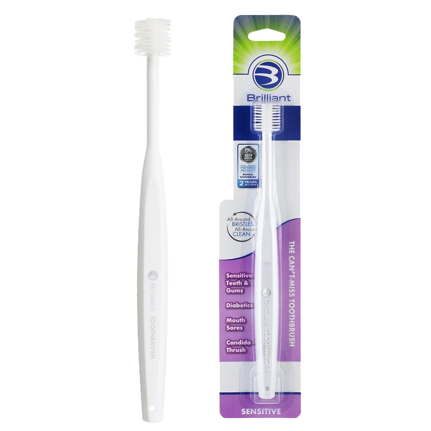 Brilliant Oral Care Adult Sensitive Toothbrush with Extra Soft Bristles Round Head and Gentle AllAround Clean for Tender Teeth and Gums White 1 Pack