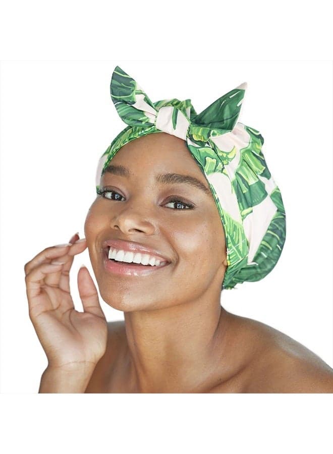 Luxury Shower Cap for Women - Reusable Shower Cap for Long Hair with Non Slip Silicon Grip | Waterproof Hair Cap for Shower with One Size Fits Most | Hair Cover for Shower (Palm Leaves)