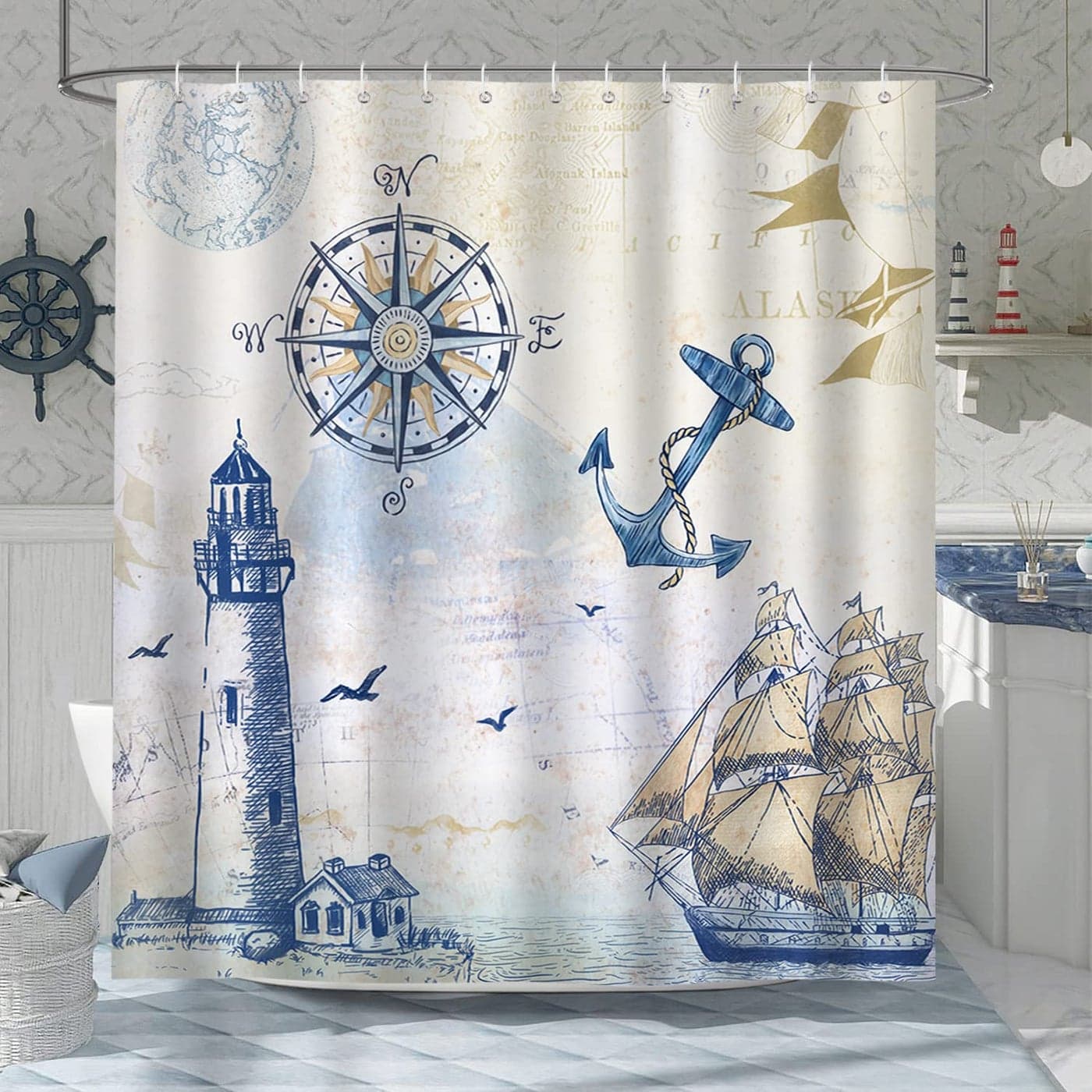 Bonhause Nautical Shower Curtain Coastal Lighthouse Compass Anchor Sailboat Bathroom Decor 72 x 72 Inch Polyester Fabric Waterproof Bathroom Curtain with 12 Hooks