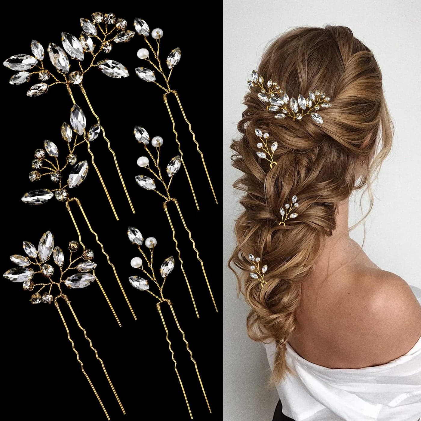 6 Pieces Bride Hair Pins Rhinestones Gold Hair Accessories for Women Crystal Wedding Hair Piece for Bride Women Girls Bridesmaids Gold