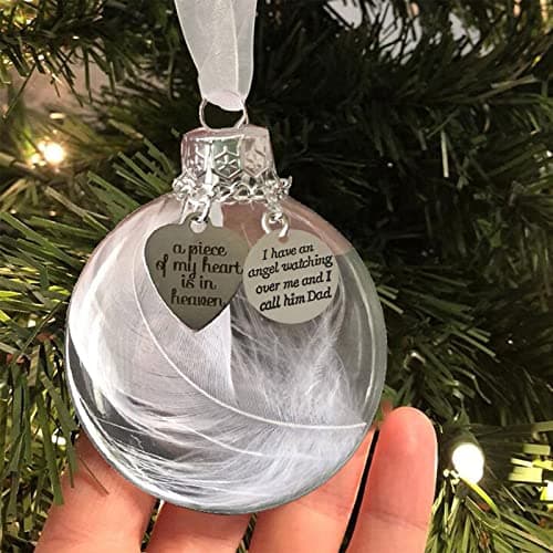 Clear Christmas Memorial Ornament Feather Ball, A Piece of My Heart is in Heaven, Christmas Tree Hanging Pendant Memorial Gifts for Loss of Father in Memory of Dad Sympathy Gift