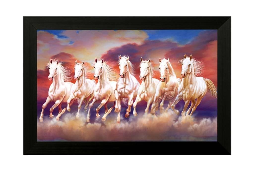 SAF paintings 7 Running Horse Vastu UV Textured Home Decorative Gift Item Painting Framed Painting 20 Inch X 14 Inch SANFH6786