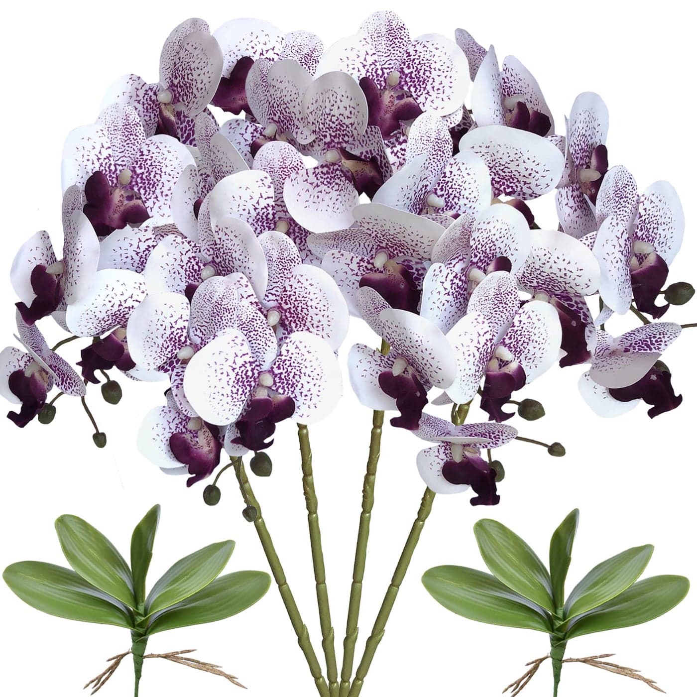 FagusHome Artificial Orchid Plant 32 Purple Core 4 Pcs with 2 Bundles Leaves Fake Butterfly Phalaenopsis Flowers for Home Decor