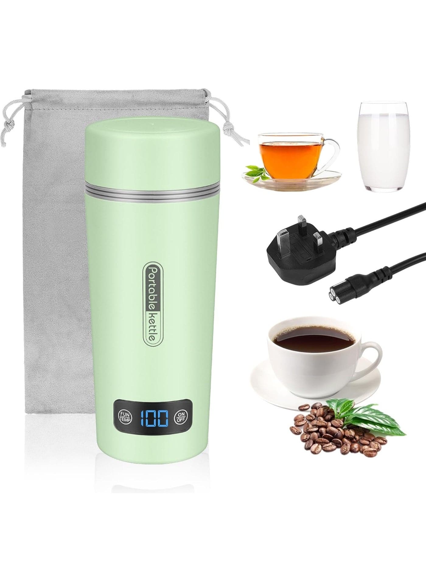 Travel Electric Kettle Portable Mini Tea Coffee Kettle, Small Hot Water Boiler with 4 Temperature Settings, 304 Stainless Steel with Auto Shut-Off & Boil Dry Protection, BPA-Free (green 450ml)